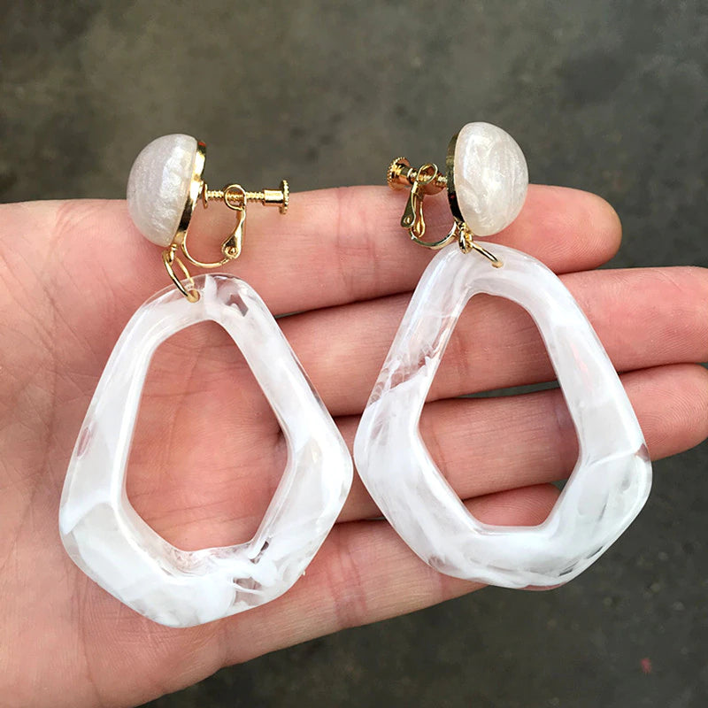 Clip on 3" gold and white milky odd shaped hoop earrings