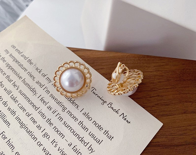 Clip on 1" small white pearl earrings with gold cutout edges