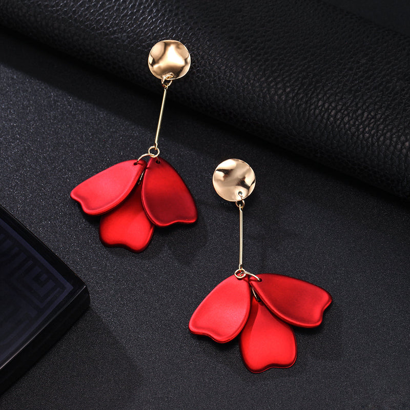 Clip on 3" long gold wire red petal straight earrings