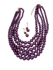 Clip on gold five strand shiny purple bead necklace necklace and earring set