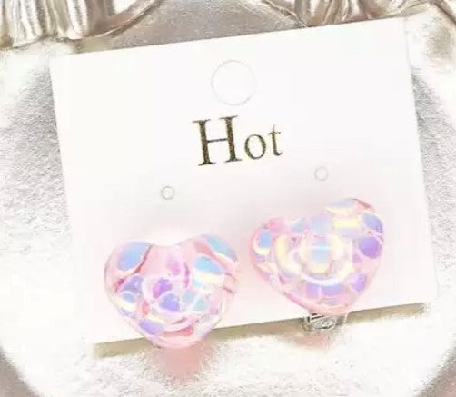 Clip on 3/4" silver blue or pink glitter puffed heart earrings