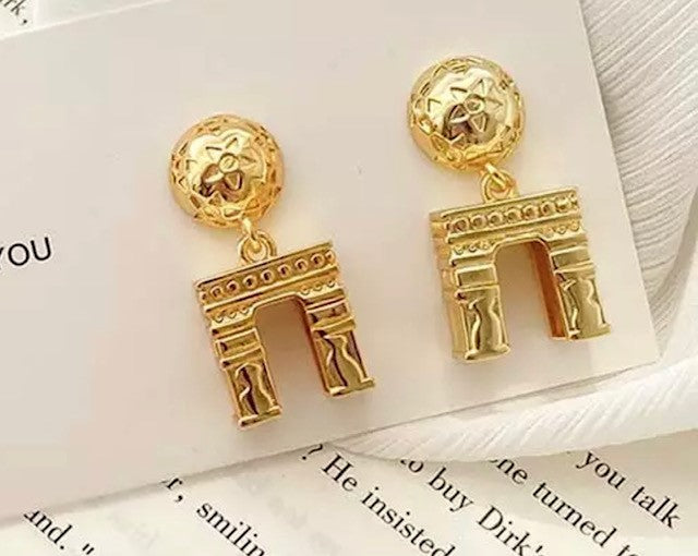 Unique 1 1/4" clip on gold french retro dangle earrings