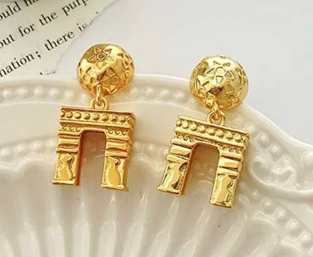 Unique 1 1/4" clip on gold french retro dangle earrings