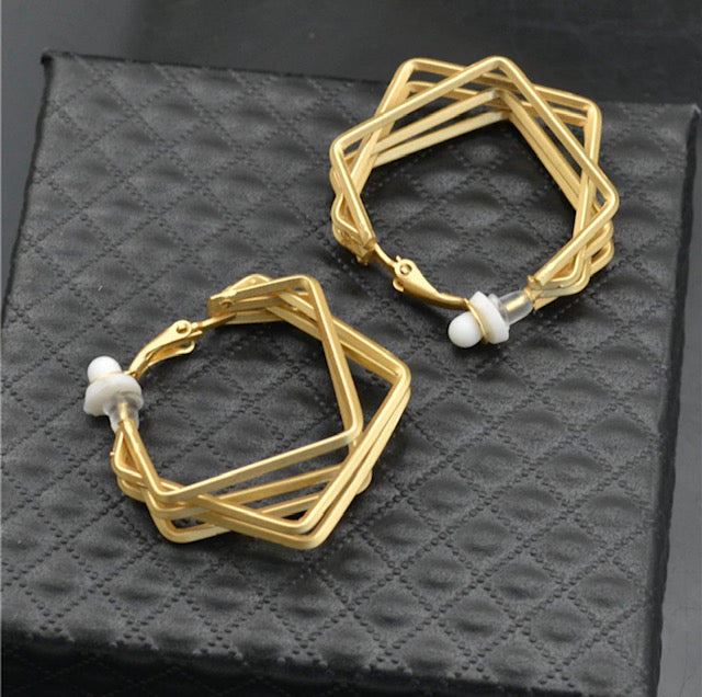 Clip on matte gold multi square hoop earrings