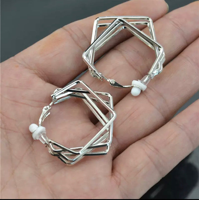 Clip on 1 1/4" silver multi square hoop earrings