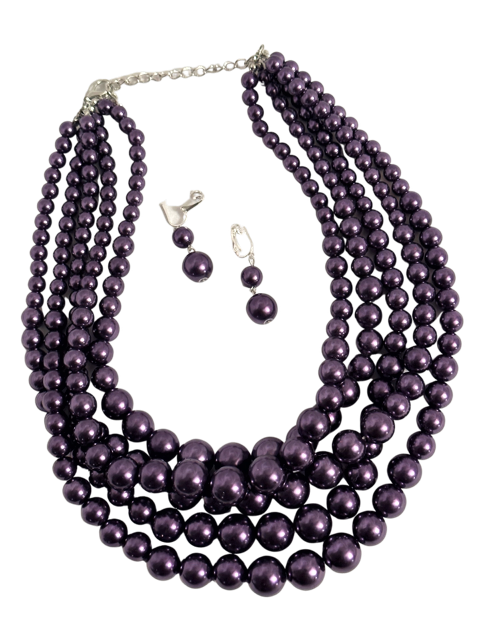 Classy clip on silver five layer dark shiny purple pearl necklace set