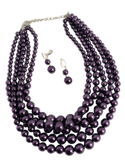 Classy clip on silver five layer dark shiny purple pearl necklace set