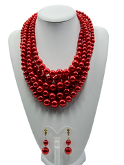 Classy clip on gold five layer shiny red pearl necklace set