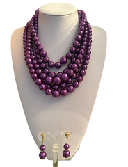 Clip on gold five strand shiny purple bead necklace necklace and earring set