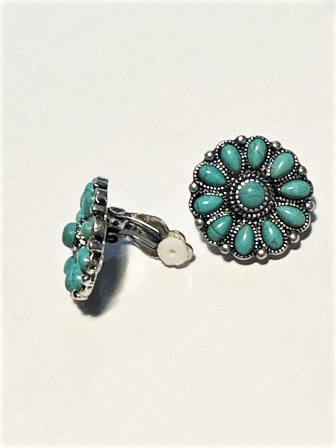 Western clip on 1" silver and turquoise stone flower design button earrings