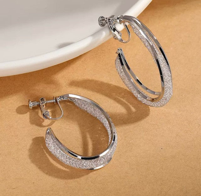 Clip on 1 3/4" silver or gold mesh open back oval hoop earrings