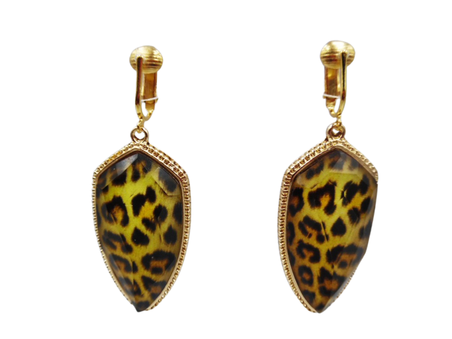 Clip on 2 3/4" gold and black animal print pointed dangle earrings