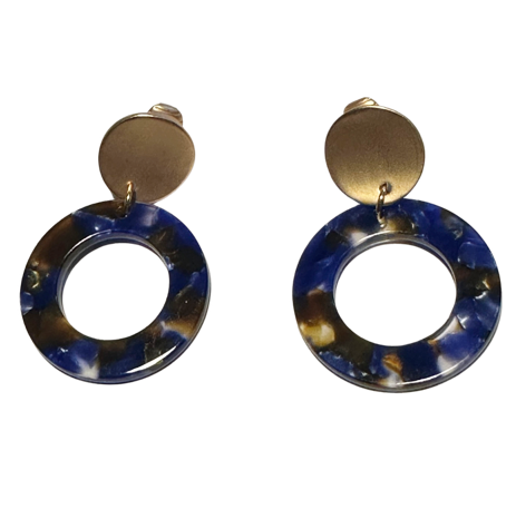 Clip on 2" matte gold and blue and brown multi colored dangle hoop earrings