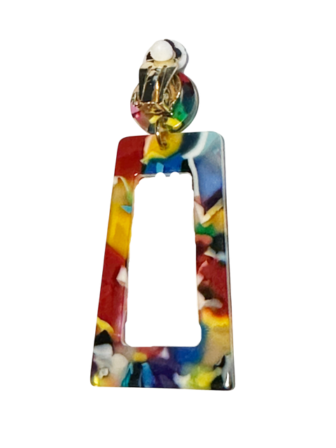 Clip on 2 3/4" gold and multi colored long square earrings