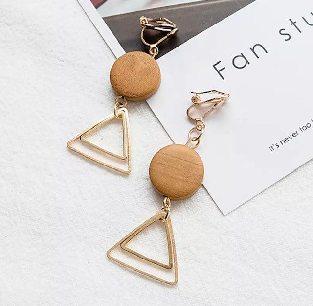 Trendy 2 1/4" gold and brown wood dangle double triangle earrings