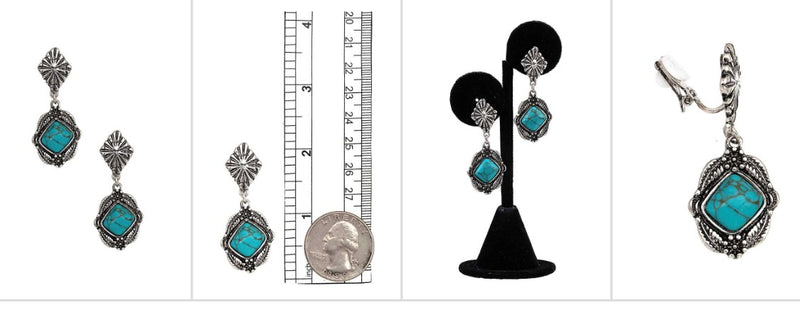 Clip on 2" western silver and tilted turquoise stone earrings