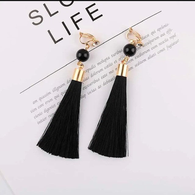 Clip on 4" long gold and black bead string earrings in a variety of colors