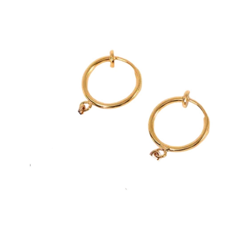 Clip on 1 1/2" gold hoop earrings with dangle black stones