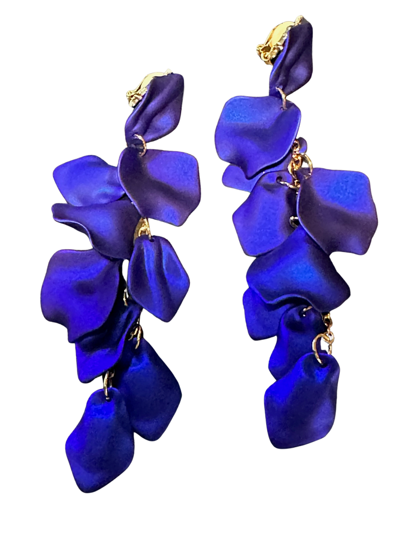Clip on 5" Xlong gold chain flower petal dangle earrings in a variety of colors