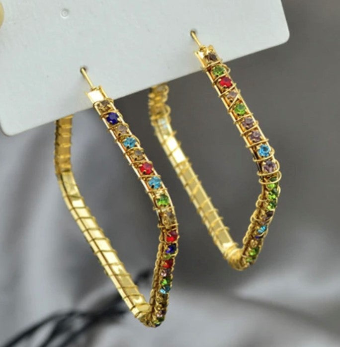Classy clip on 2 1/4" gold, red, blue, multi color stone square hoop earrings