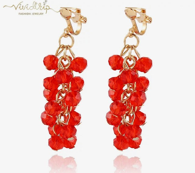 Clip on 2" long gold and red bead cluster dangle earrings
