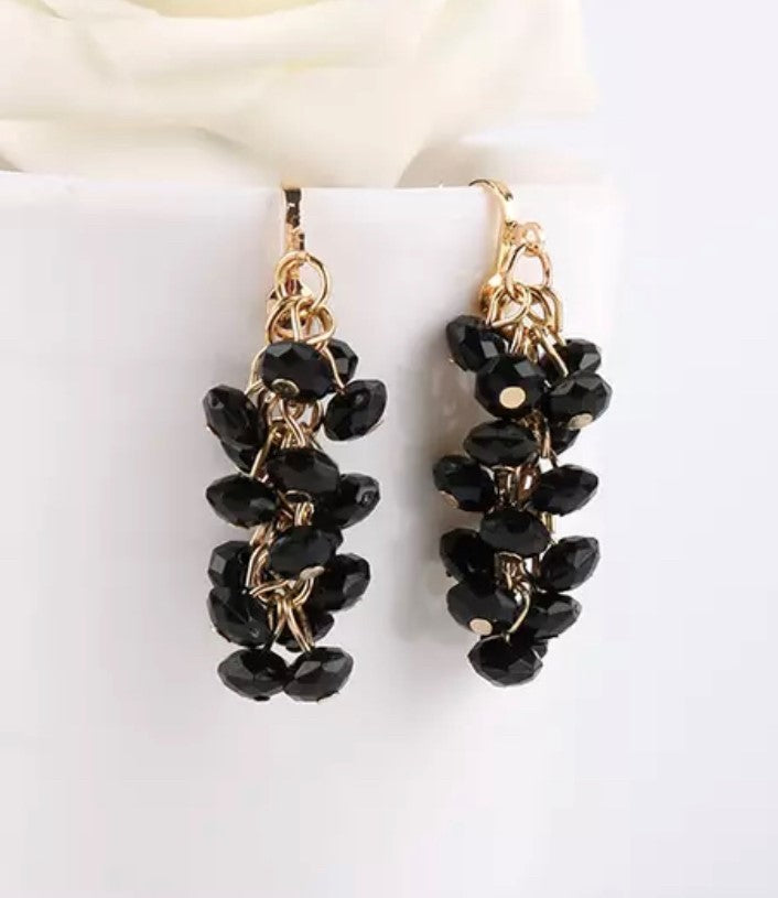 Clip on 2" long gold and black bead cluster dangle earrings