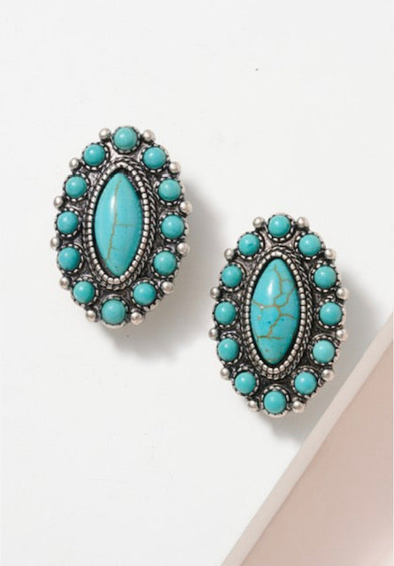 Clip on 1 1/4" silver and turquoise stone marquise earrings