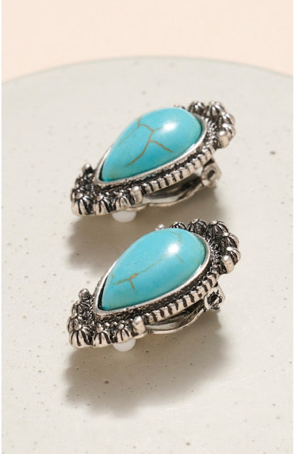 Clip on 1 1/4" silver and turquoise stone pointed end earrings