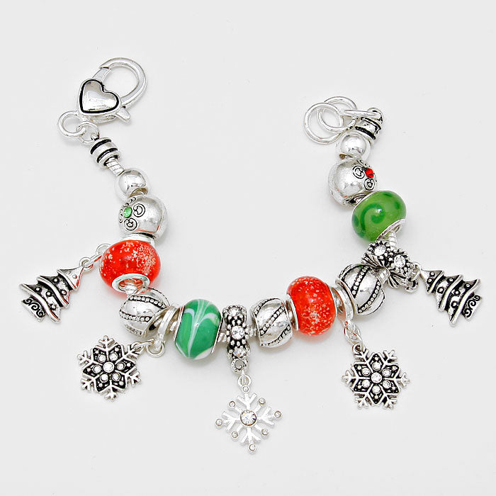 Silver, red, green bead and clear stone Christmas tree charm 6-7" bracelet