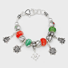 Silver, red, green bead and clear stone Christmas tree charm 6-7