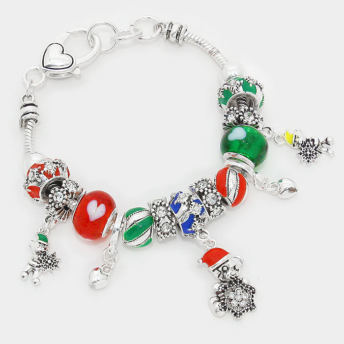 Silver 7 1/2" multi colored  bear beaded charm bracelet