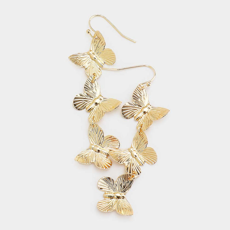 Gold 3" long pierced dangle butterfly earrings
