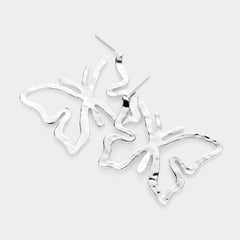 Trendy pierced hammered silver sideways butterfly earrings