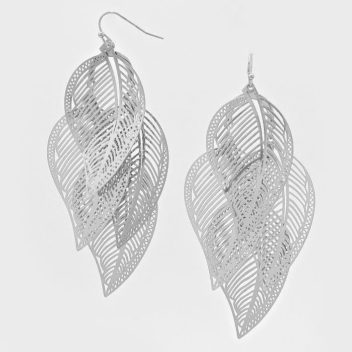 Pierced 3 1/2" long silver dangle long cutout leaf layered earrings
