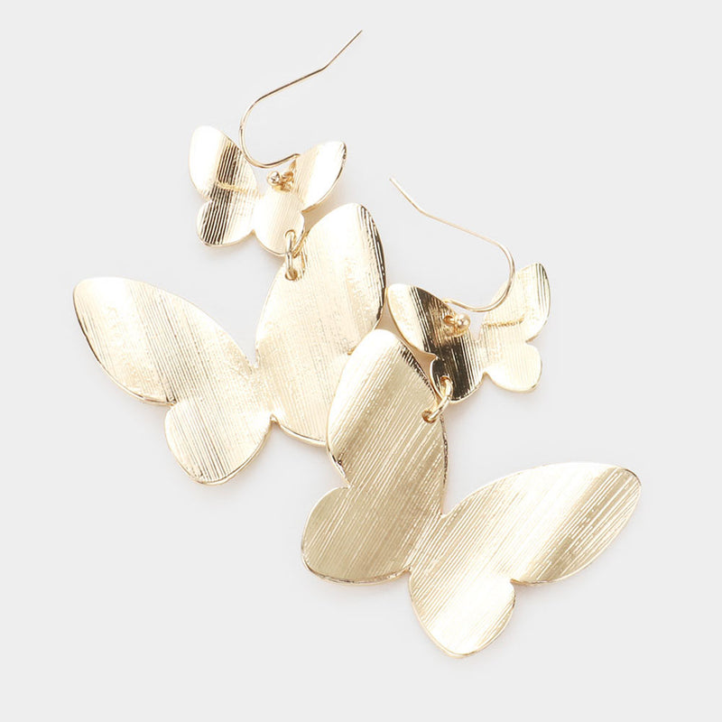 Pierced 2" textured gold dangle double butterfly earrings