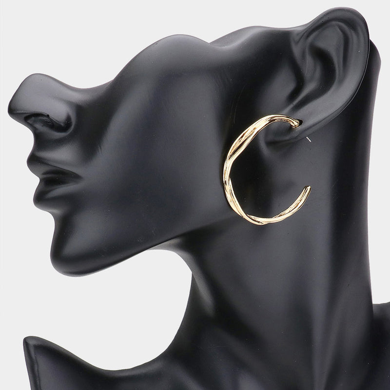 Gold hammered twisted open back pierced hoop earrings