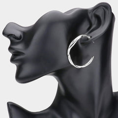 Silver hammered twisted open back pierced hoop earrings