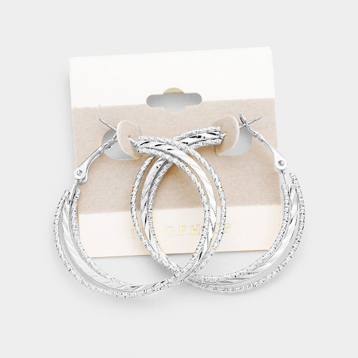 Silver twisted textured 14k G.F. pierced hoop earrings