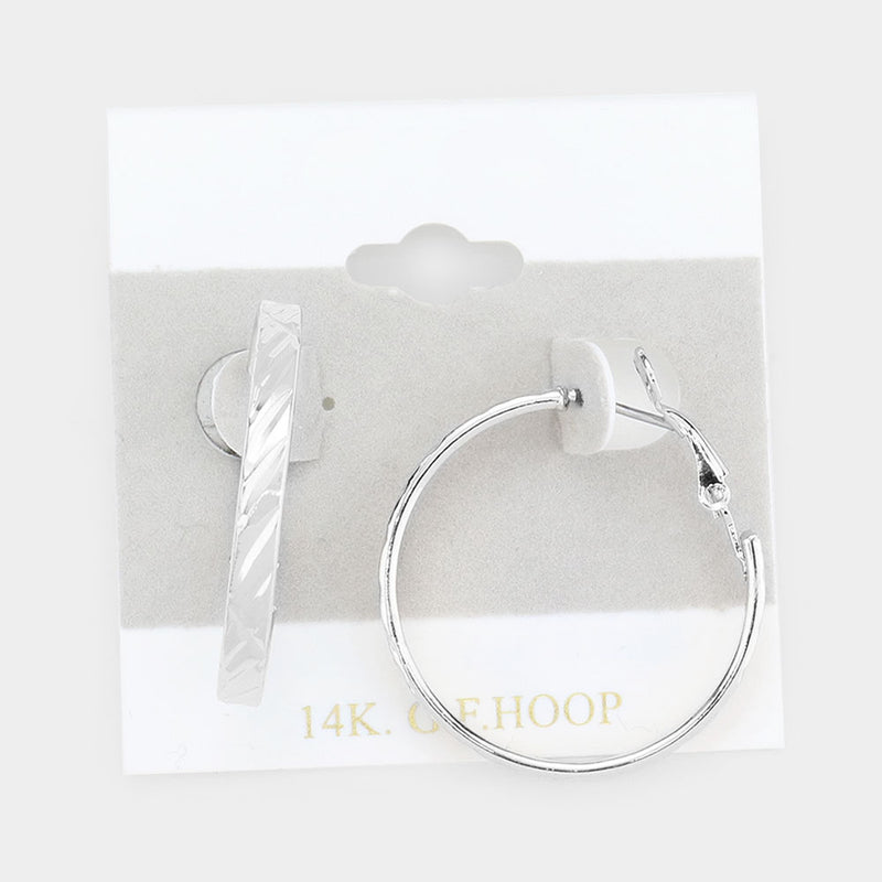 Silver textured center 14k G.F. pierced hoop earrings