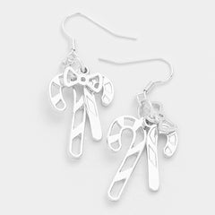 Silver pierced cutout candy cane charm earrings
