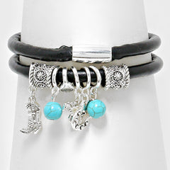 Western magnetic black pleather wrap charm bracelet w/turquoise beads