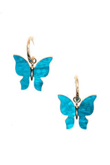 Pierced gold hoop and turquoise butterfly earrings