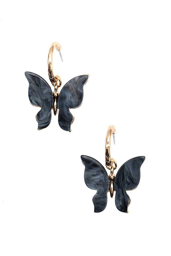 Pierced gold hoop and black  butterfly earrings