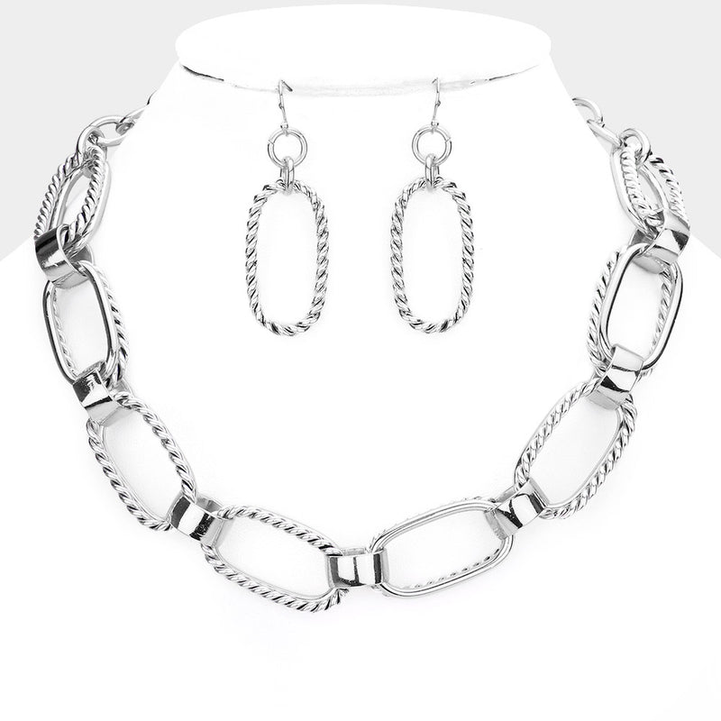 Pierced silver chain link necklace and earring set