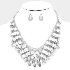 Pierced silver textured layered teardrop necklace & earring set