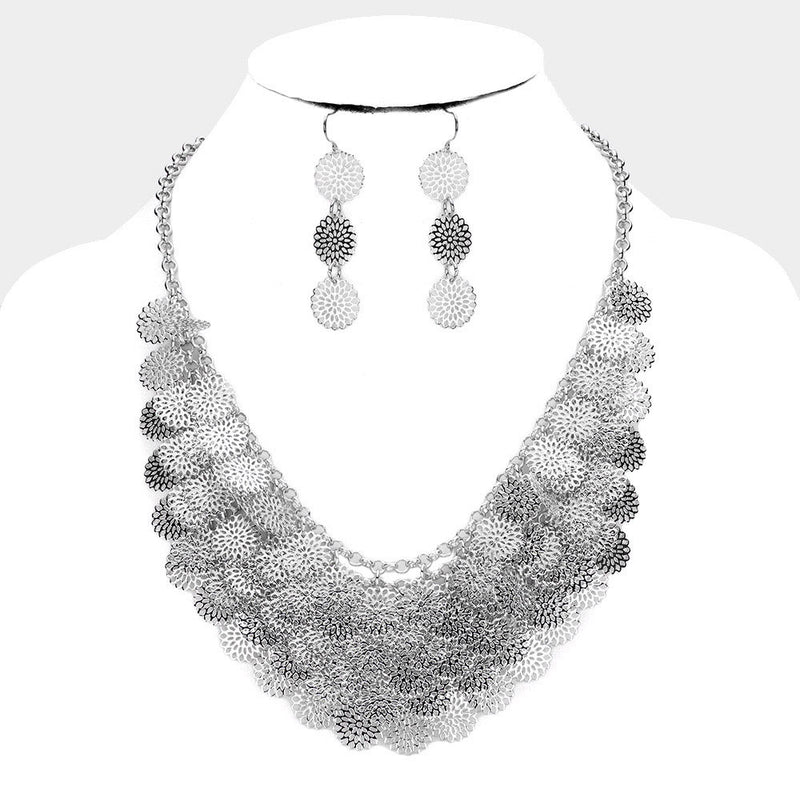 Pierced silver cutout layered circle necklace & earring set