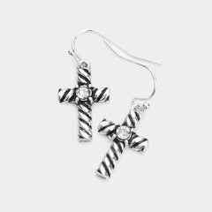 Pierced silver and black indented cross earrings