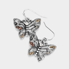 Pierced antique gold, rose and silver cutout butterfly earrings