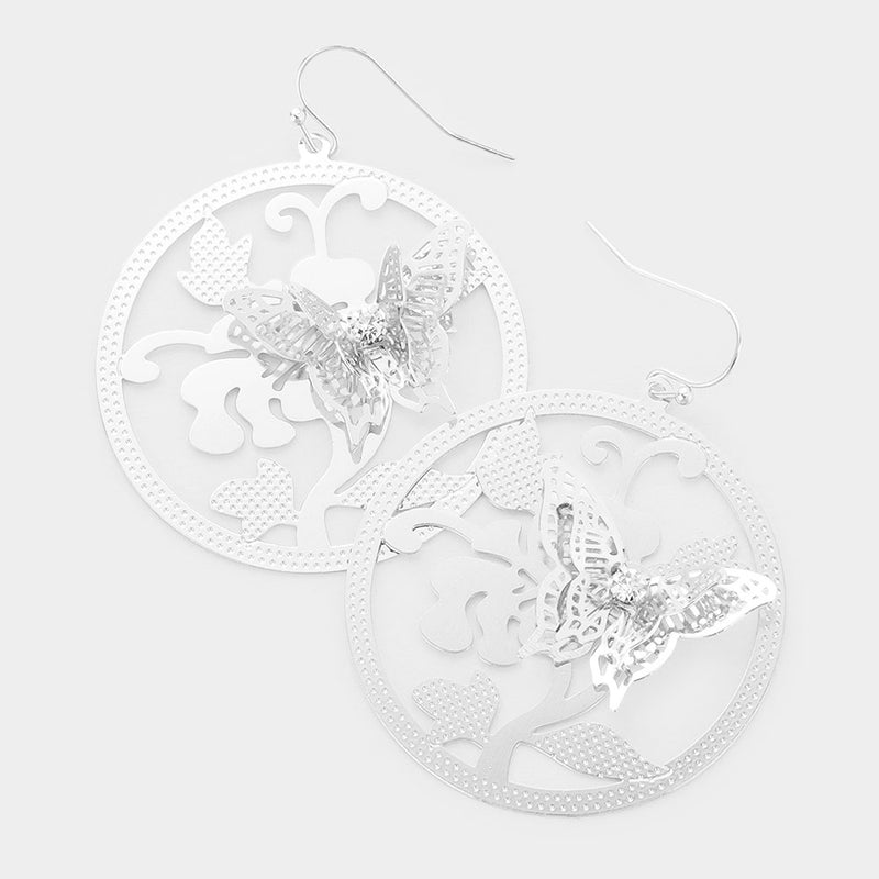 Silver 2 1/4" pierced cutout circle butterfly earrings