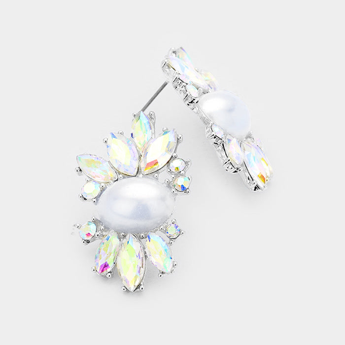Pierced 1 1/2" silver fluorescent stone & pearl earrings